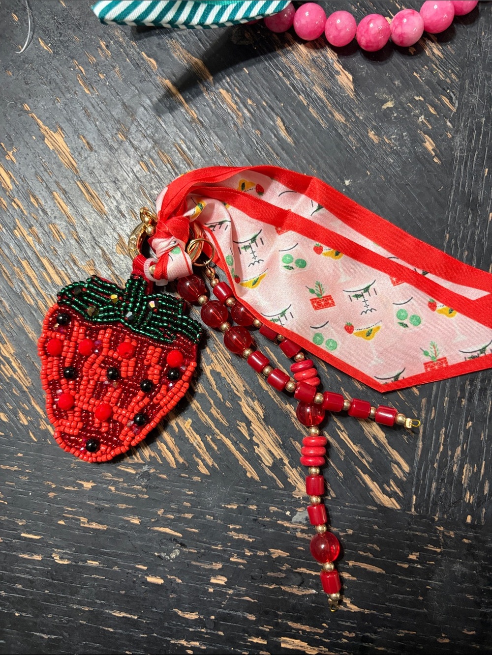 Beaded Red Strawberry purse charm/ Keychain Charm with Pink Ribbon Accent